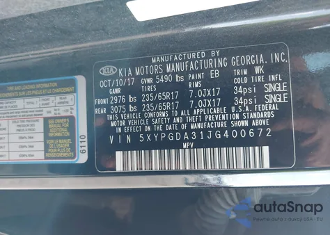 2018 Kia Sorento 2.4L Lx z USA, uszkodzony, nr VIN 5XYPGDA31JG400672